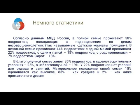 Немного статистики Согласно данным МВД России, в полной семье проживают 38% подростков,
