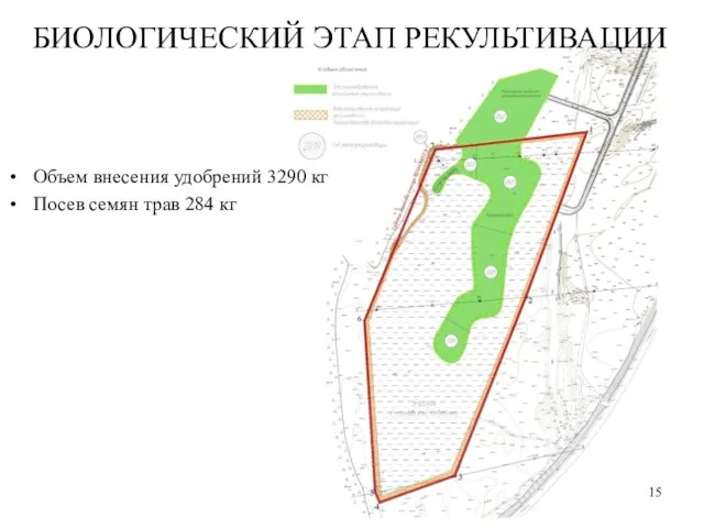 БИОЛОГИЧЕСКИЙ ЭТАП РЕКУЛЬТИВАЦИИ Объем внесения удобрений 3290 кг Посев семян трав 284 кг