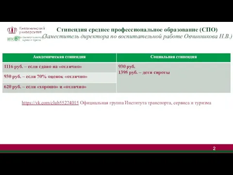 Стипендия среднее профессиональное образование (СПО) (Заместитель директора по воспитательной работе Овчинникова Н.В.)