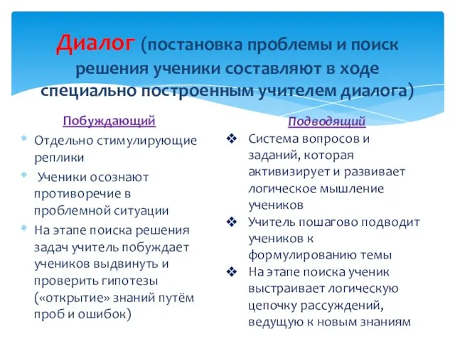 Побуждающий Отдельно стимулирующие реплики Ученики осознают противоречие в проблемной ситуации На этапе