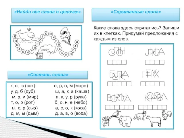 «Спрятанные слова» Какие слова здесь спрятались? Запиши их в клетках. Придумай предложения