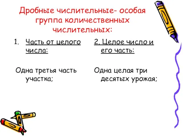 Дробные числительные- особая группа количественных числительных: Часть от целого числа: Одна третья