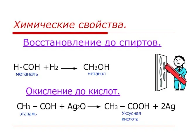 Химические свойства. Восстановление до спиртов. Н-СОН +Н2 СН3ОН метаналь метанол Окисление до