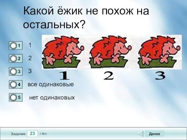 23 Задание Какой ёжик не похож на остальных? 1 2 3 все