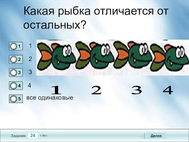 24 Задание Какая рыбка отличается от остальных? 1 2 3 4 Далее