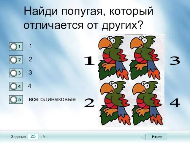 25 Задание Найди попугая, который отличается от других? 1 2 3 4