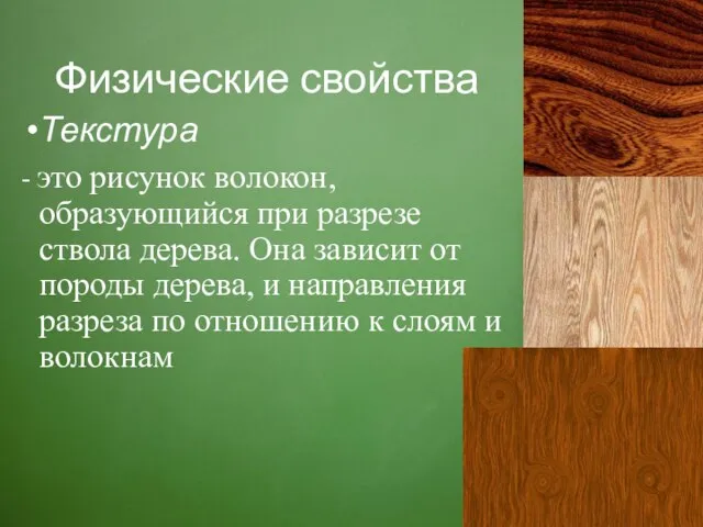 Физические свойства Текстура - это рисунок волокон, образующийся при разрезе ствола дерева.