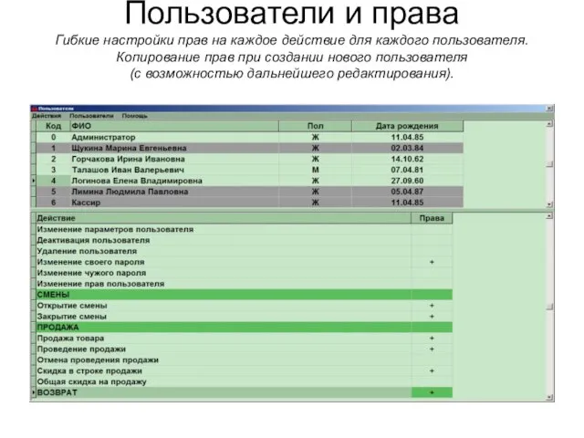 Пользователи и права Гибкие настройки прав на каждое действие для каждого пользователя.