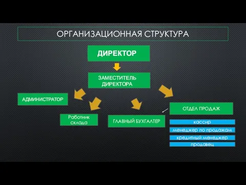 ОРГАНИЗАЦИОННАЯ СТРУКТУРА ДИРЕКТОР ЗАМЕСТИТЕЛЬ ДИРЕКТОРА АДМИНИСТРАТОР ГЛАВНЫЙ БУХГАЛТЕР ОТДЕЛ ПРОДАЖ кассир менеджер