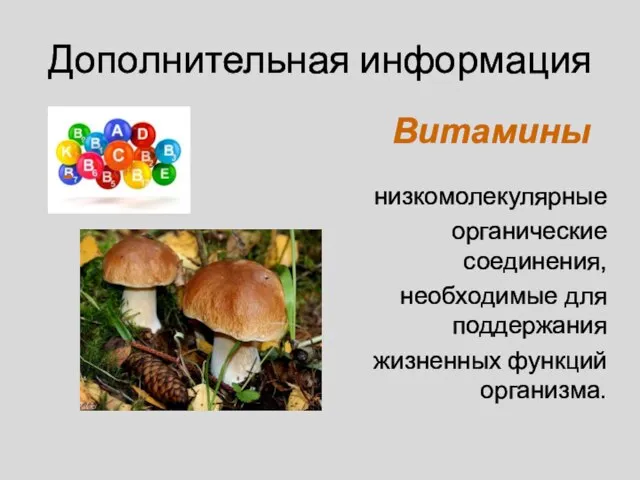 Витамины - низкомолекулярные органические соединения, необходимые для поддержания жизненных функций организма. Дополнительная информация