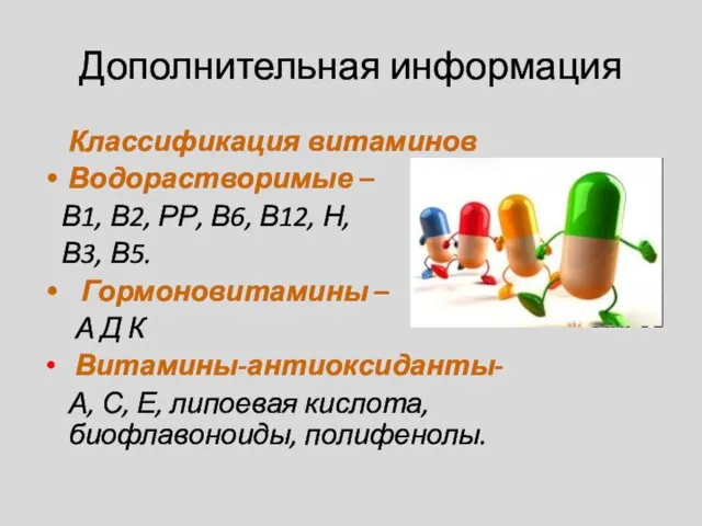 Дополнительная информация Классификация витаминов Водорастворимые – В1, В2, РР, В6, В12, Н,