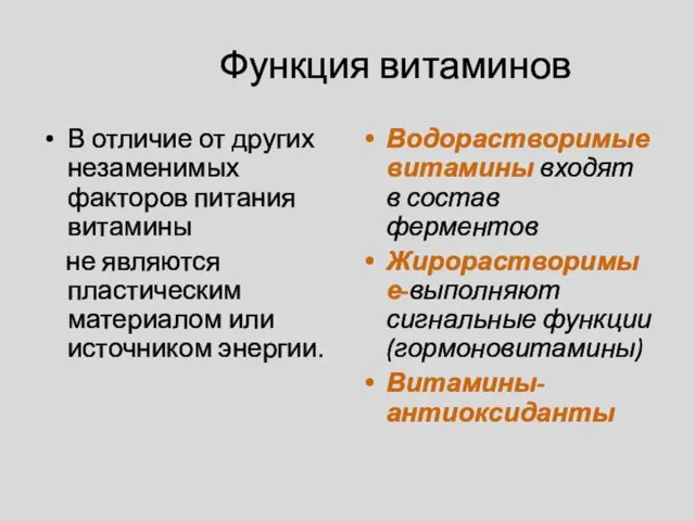 Функция витаминов В отличие от других незаменимых факторов питания витамины не являются