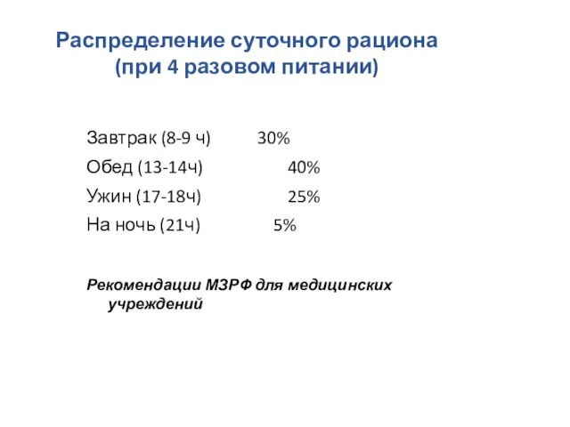 Распределение суточного рациона (при 4 разовом питании) Завтрак (8-9 ч) 30% Обед