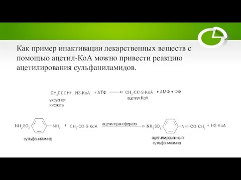 Как пример инактивации лекарственных веществ с помощью ацетил-КоА можно привести реакцию ацетилирования сульфаниламидов.