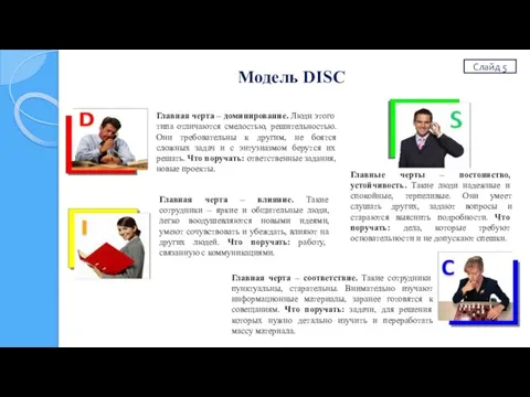 Слайд 5 Модель DISC Главная черта – доминирование. Люди этого типа отличаются
