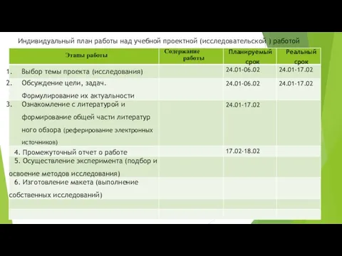 Индивидуальный план работы над учебной проектной (исследовательской ) работой