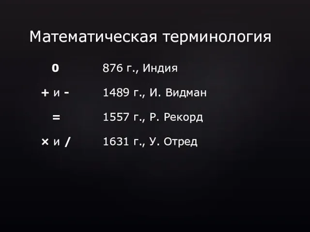 Математическая терминология 0 876 г., Индия + и - 1489 г., И.