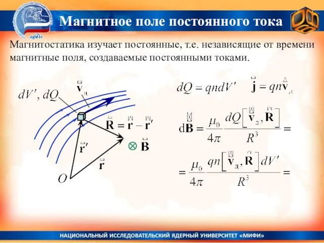 Магнитное поле постоянного тока Магнитостатика изучает постоянные, т.е. независящие от времени магнитные поля, создаваемые постоянными токами.