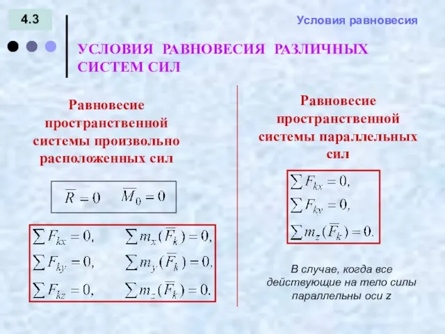 4.3 УСЛОВИЯ РАВНОВЕСИЯ РАЗЛИЧНЫХ СИСТЕМ СИЛ Равновесие пространственной системы произвольно расположенных сил