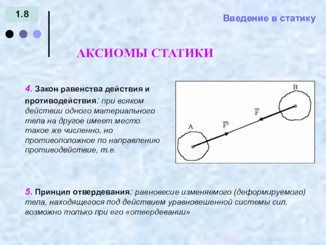 Введение в статику 1.8 АКСИОМЫ СТАТИКИ = - 4. Закон равенства действия