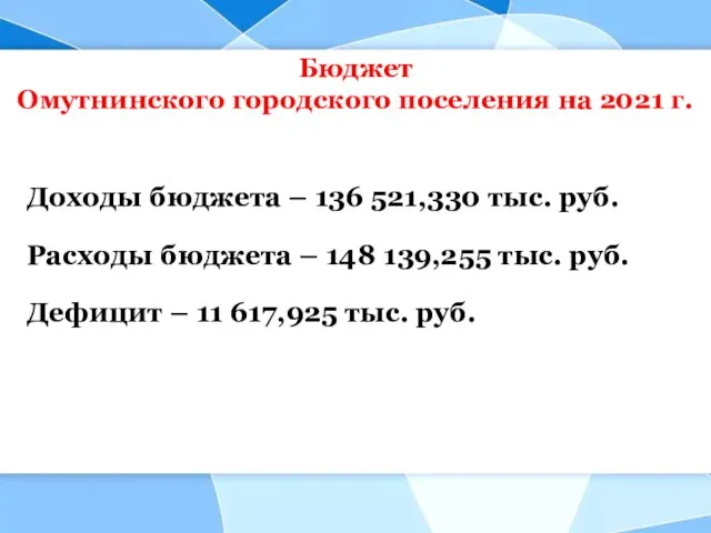 Бюджет Омутнинского городского поселения на 2021 г. Доходы бюджета – 136 521,330