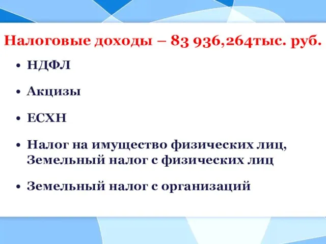 Налоговые доходы – 83 936,264тыс. руб. НДФЛ Акцизы ЕСХН Налог на имущество