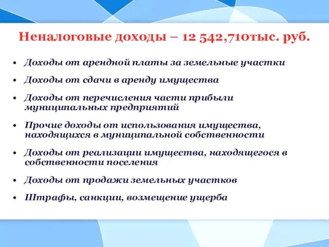 Неналоговые доходы – 12 542,710тыс. руб. Доходы от арендной платы за земельные