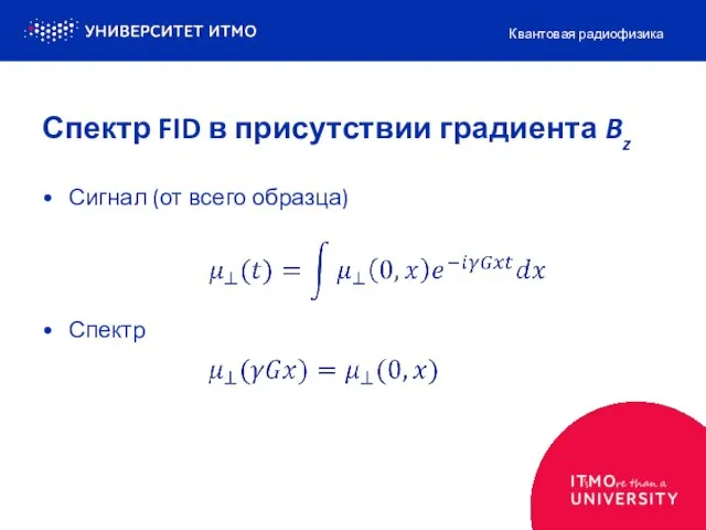 Сигнал (от всего образца) Спектр Квантовая радиофизика Спектр FID в присутствии градиента Bz