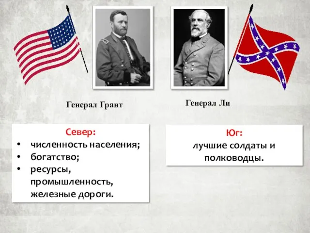 Север: численность населения; богатство; ресурсы, промышленность, железные дороги. Юг: лучшие солдаты и