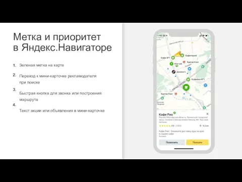 Зеленая метка на карте Переход к мини-карточке рекламодателя при поиске Быстрая кнопка