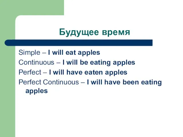Будущее время Simple – I will eat apples Continuous – I will