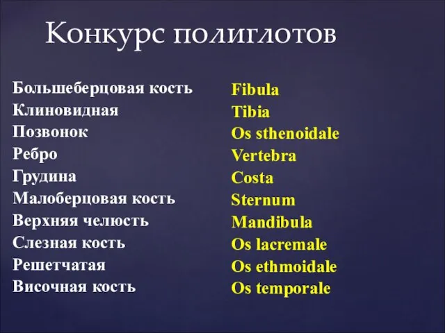 Конкурс полиглотов Большеберцовая кость Клиновидная Позвонок Ребро Грудина Малоберцовая кость Верхняя челюсть