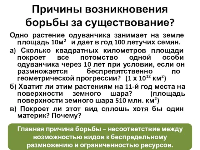 Причины возникновения борьбы за существование? Одно растение одуванчика занимает на земле площадь