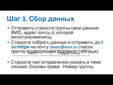 Шаг 3. Сбор данных Отправить старосте группы свои данные: ФИО, адрес почты