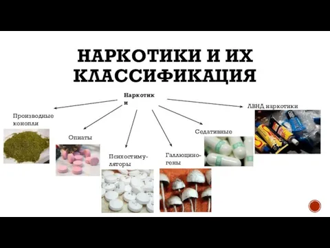 НАРКОТИКИ И ИХ КЛАССИФИКАЦИЯ Наркотики Производные конопли Опиаты ЛВНД наркотики Седативные Галлюцино- гены Психостиму- ляторы