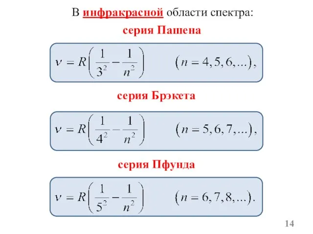 В инфракрасной области спектра: серия Пашена серия Брэкета серия Пфунда