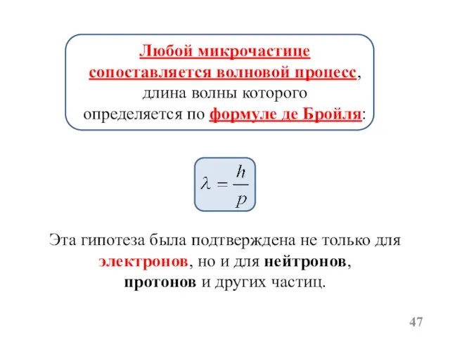 Любой микрочастице сопоставляется волновой процесс, длина волны которого определяется по формуле де