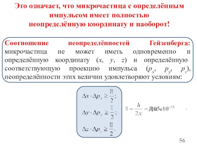 Это означает, что микрочастица с определённым импульсом имеет полностью неопределённую координату и