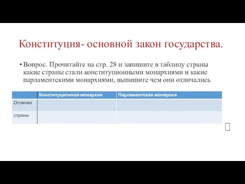 Конституция- основной закон государства. Вопрос. Прочитайте на стр. 28 и запишите в