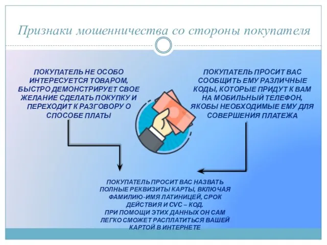 Признаки мошенничества со стороны покупателя ПОКУПАТЕЛЬ НЕ ОСОБО ИНТЕРЕСУЕТСЯ ТОВАРОМ, БЫСТРО ДЕМОНСТРИРУЕТ