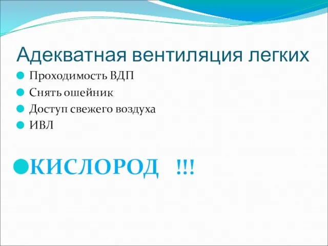 Адекватная вентиляция легких Проходимость ВДП Снять ошейник Доступ свежего воздуха ИВЛ КИСЛОРОД !!!