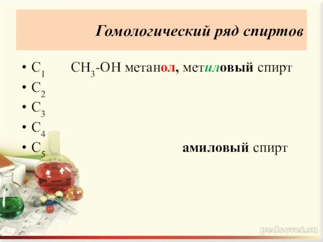 Гомологический ряд спиртов С1 СH3-ОН метанол, метиловый спирт С2 С3 С4 С5 амиловый спирт