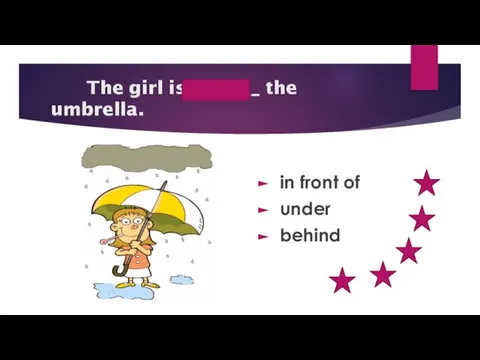 under The girl is _______ the umbrella. in front of under behind