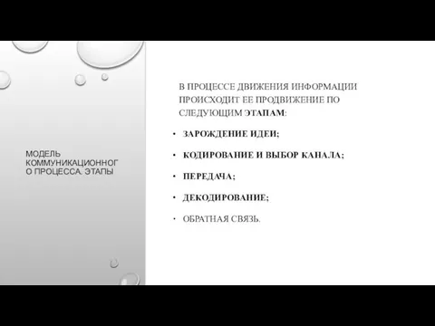 МОДЕЛЬ КОММУНИКАЦИОННОГО ПРОЦЕССА. ЭТАПЫ В ПРОЦЕССЕ ДВИЖЕНИЯ ИНФОРМАЦИИ ПРОИСХОДИТ ЕЕ ПРОДВИЖЕНИЕ ПО