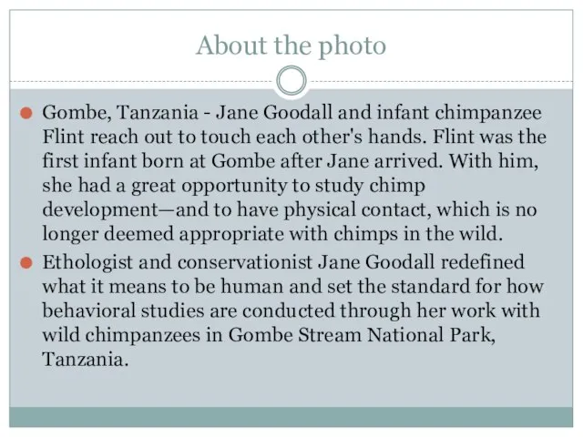 About the photo Gombe, Tanzania - Jane Goodall and infant chimpanzee Flint