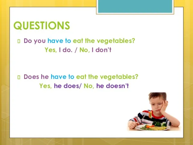 QUESTIONS Do you have to eat the vegetables? Yes, I do. /