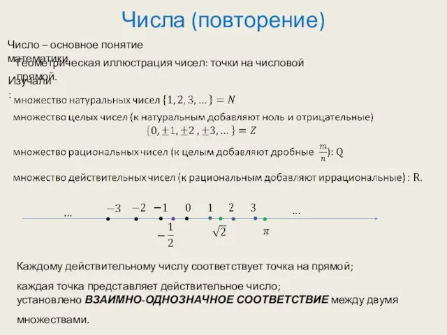 Числа (повторение) Число – основное понятие математики. Изучали: Геометрическая иллюстрация чисел: точки