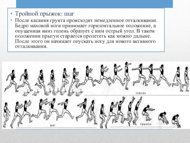 Тройной прыжок: шаг После касания грунта происходит немедленное отталкивание. Бедро маховой ноги