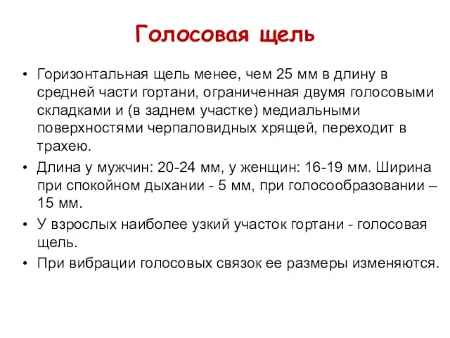 Голосовая щель Горизонтальная щель менее, чем 25 мм в длину в средней