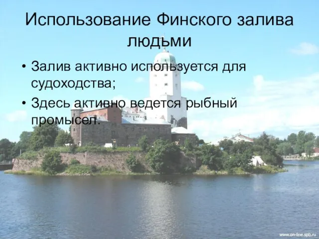 Использование Финского залива людьми Залив активно используется для судоходства; Здесь активно ведется рыбный промысел.